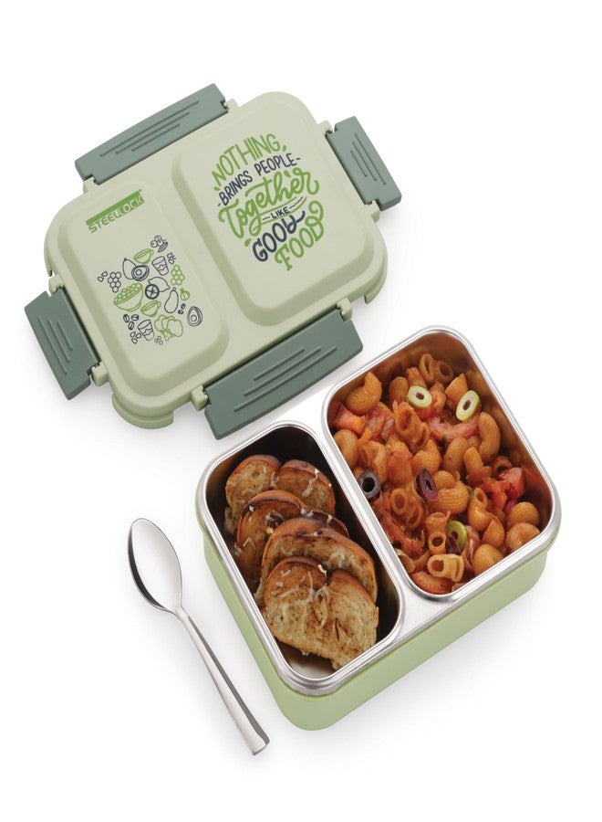 STEELLOCK SmartMeal 2 Partition Stainless Steel Insulated Tiffin for Kids & Adults with Spoon | Leak-Proof Lunch Box with Silicone Gasket Lid | Bento Box for School, Boys, Girls & Office 650 ML - Green. - Image 1